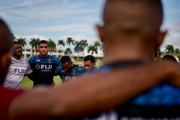 Fijian rugby team in a Huttle - taken over a players shoulder