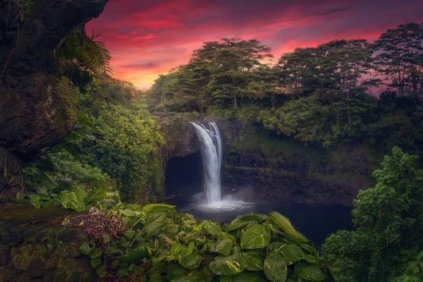 Hawaiian waterfall at sunset with greenery surrounding