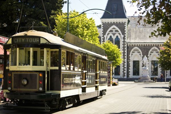 City tour cable cart moving through Christchurch
