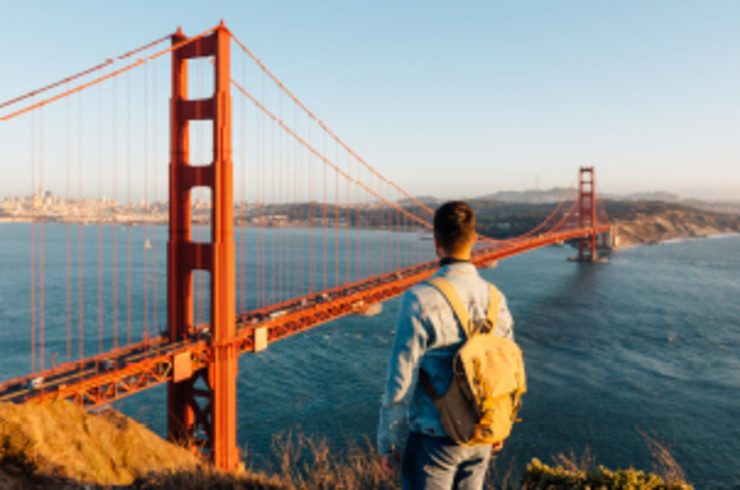 Standing in front of Golden Gate Bridge