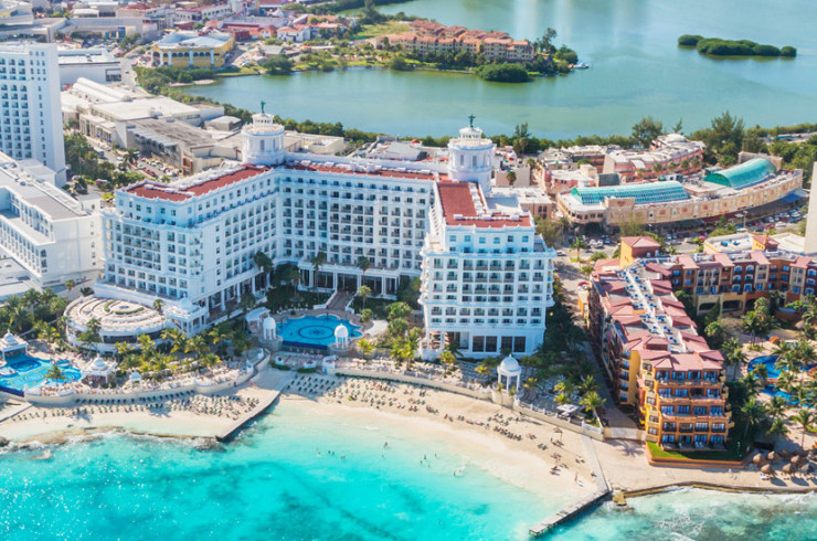 Overhead shot of Cancun - tall hotel buildings on a thin island