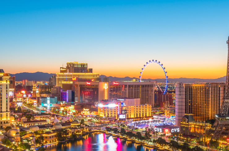 Wide view of Las Vegas at sunset