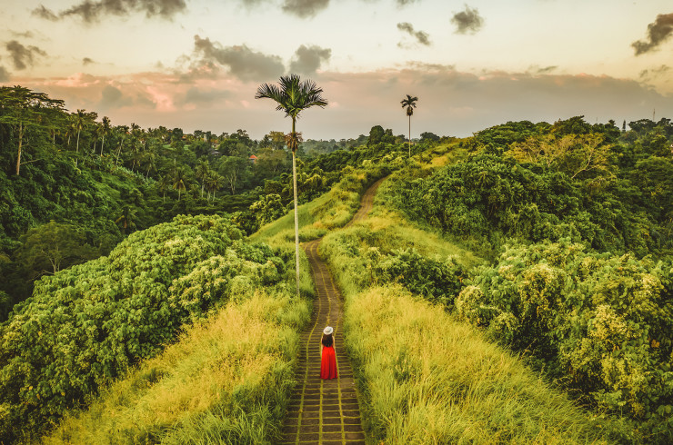 Woman in a red dress and white hat walking along a winding stone path through lush vegetation