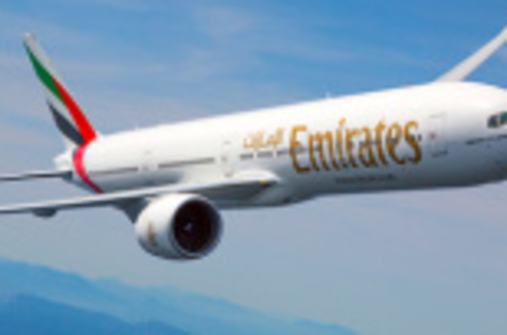 A view of an Emirates airplane during a flight.