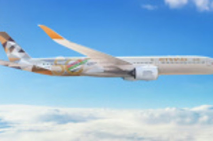 A view of an Etihad Airways aircraft while flying during a popular international flight route.
