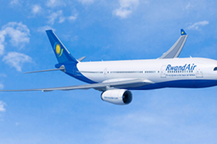 Rwandair plane flying through the sky