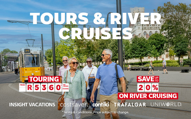 Elderly people crossing a road in front of an orange tram featuring tours & river cruises including touring from R5360 and savings up to 20% on river cruising