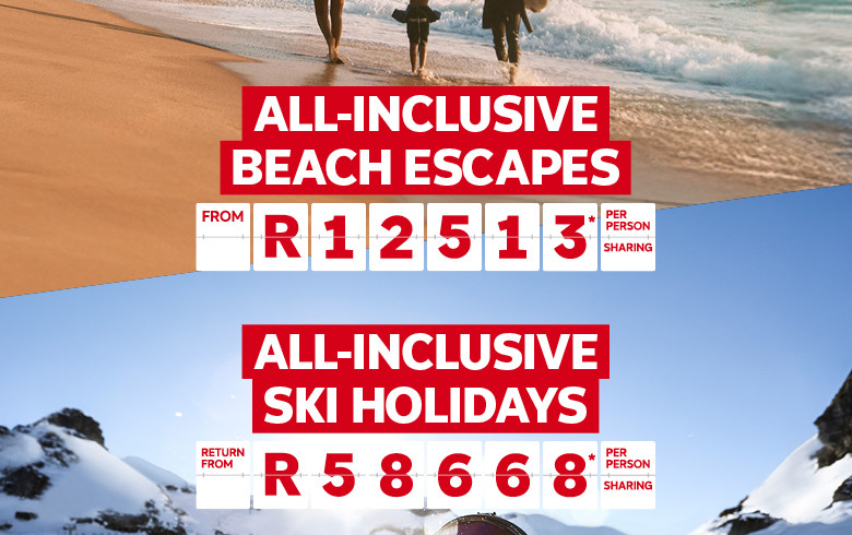 A view of a family on an island holiday and another on a ski holiday regarding holiday packages from Flight Centre