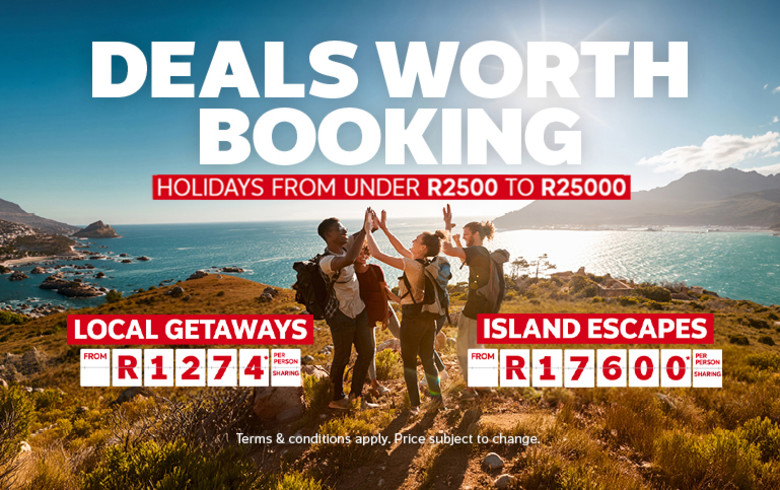 Four hikers celebrating at the waterfront including deals worth booking such as local getaways from R1274 per person and island escapes from R17600 per person