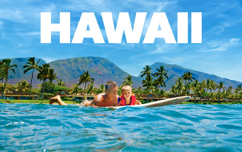 Hawaii sale banner featuring a man and a child paddling on a surfboard