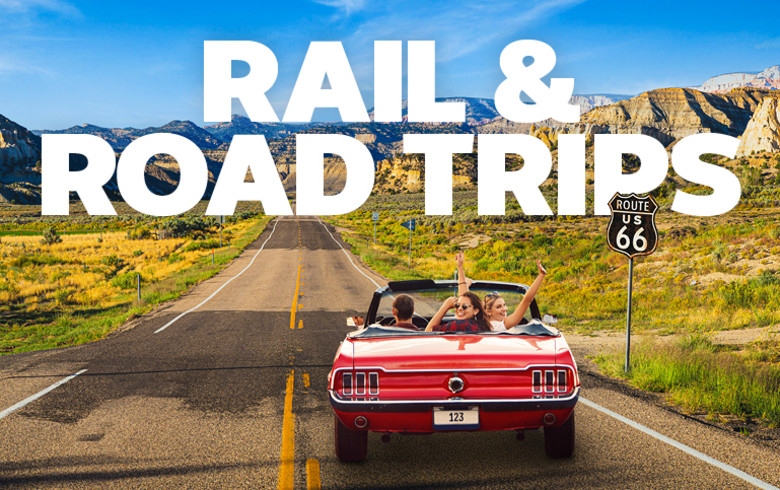 Rail & Road Trips | Red car driving down a straight highway