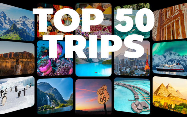 Top 50 trips - windows showing multiple exciting holiday destinations
