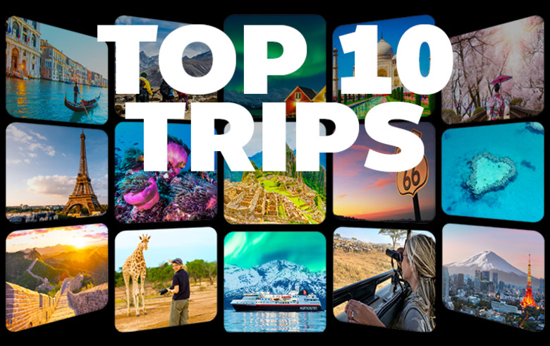 Top 10 trips - windows showing multiple exciting holiday destinations
