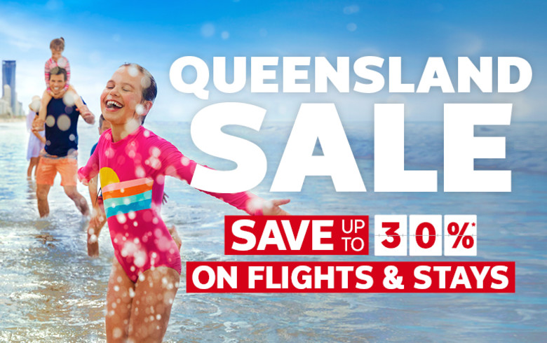 Queensland sale - save up to 30%* on Flights & Stays. Family playing in the surf on the Gold Coast