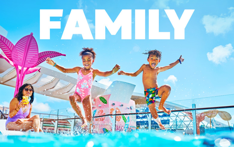 Family - kids jumping into a pool on a cruise ship