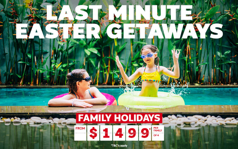 Last minute Easter getaways - family holidays from $1,499* per family of 4 | Two children playing in a pool