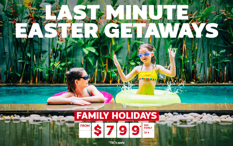 Last minute Easter getaways - family holidays from $799* per family of 4 | Two children playing in a pool