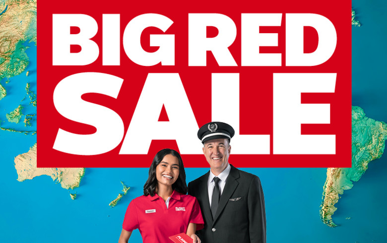 Big Red Sale - Flight Centre captain & co captain in front of a world map