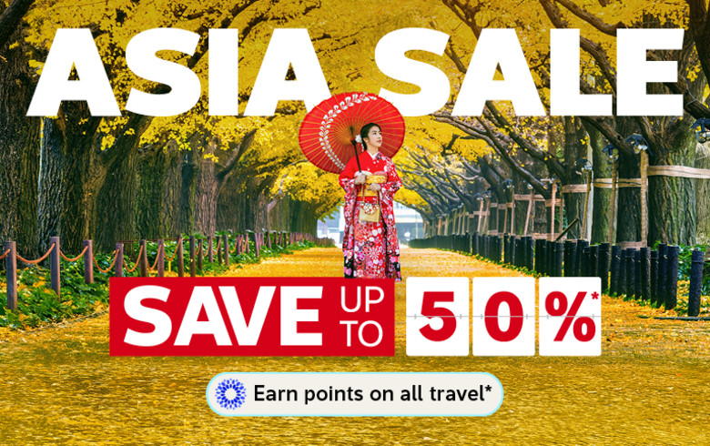 Asia sale - save up to 50%* | Earn points on all travel* | Geisha walking through a row of trees dropping autumn leaves