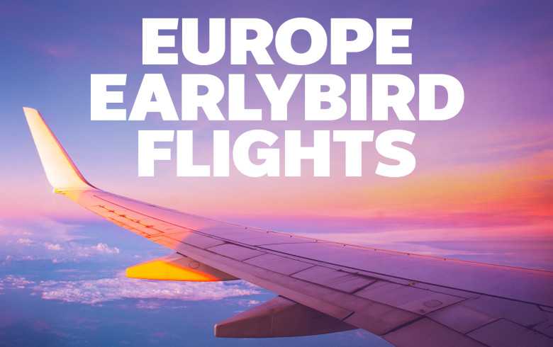 Wing of a plane at sunset featuring Europe earlybird flights