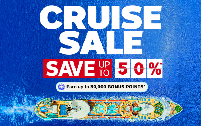 Top down view of a cruise ship at sea featuring a cruise sale with savings up to 50%