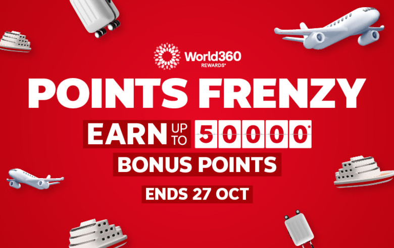 World360 Rewards Points Frenzy campaign offering up to 50000 bonus points on Flight Centre travel bookings ending October 27
