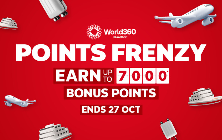 World360 Rewards Points Frenzy campaign with travel luggage and aircraft offering up to 7000 bonus points on Flight Centre bookings ending October 27