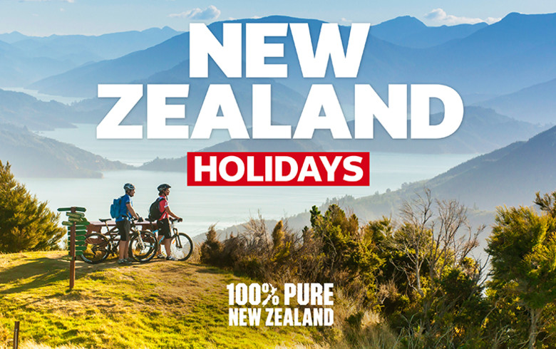 new zealand holidays 100% pure new zealand logo with mountains and people standing with bikes in background