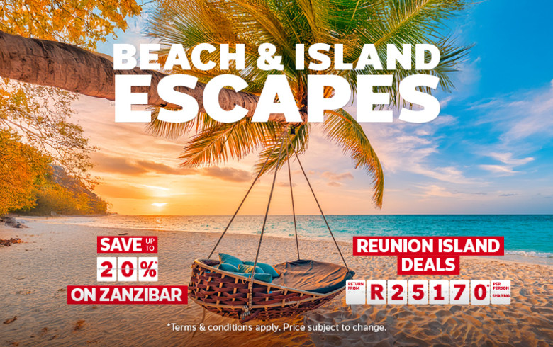 Tropical beach swing beneath palm trees overlooking turquoise waters featuring Beach and Island Escapes saving up to 20% on Zanzibar and Reunion Island deals from R25170