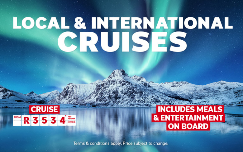 Snow capped mountains reflected in icy waters beneath the northern lights featuring local and international cruises from R3534 including meals and onboard entertainment