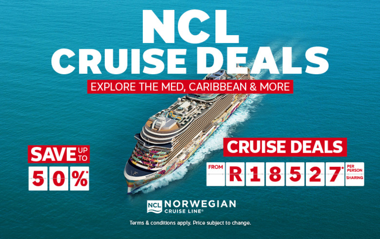Norwegian Cruise Line ship sailing across turquoise ocean waters featuring NCL Cruise Deals saving up to 50% with cruises from R18527