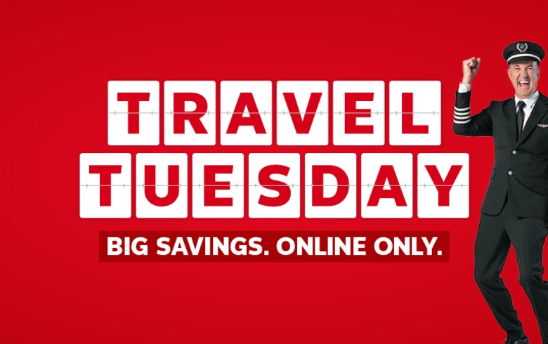 Travel Tuesday - Big savings. Online only. Flight Centre Captain cheering