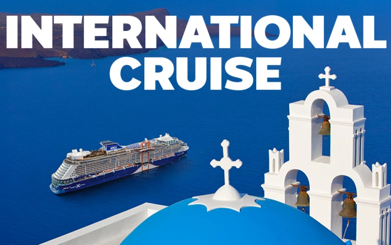 International Cruise | cruise ship sailing past Santorini, Greece
