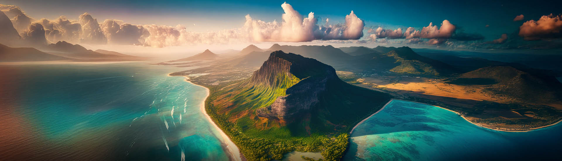 Aerial view of Mauritius with dramatic mountain peaks and turquoise lagoons