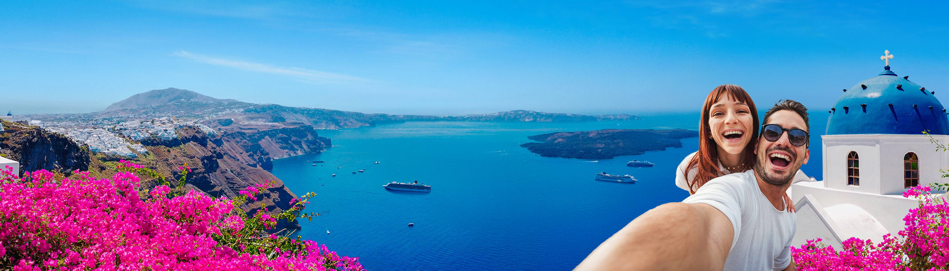 Blue domed Santorini church over Aegean cruise ships for a Europe earlybird sale with Italy from 155 London flights 1578 Greek islands from 205