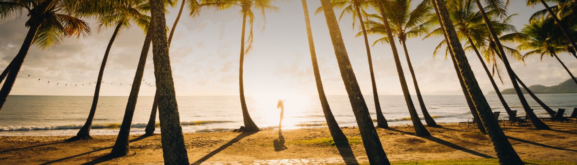 Silhouette of a person standing among tall palm trees on a golden beach at sunset watching the ocean
