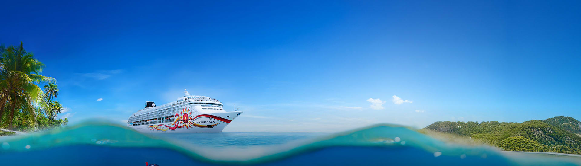 cruise ship with tropical island background