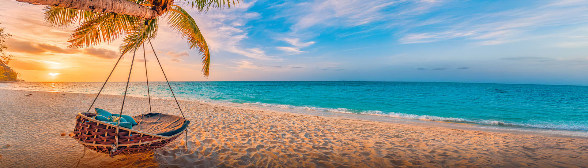 Tropical beach swing beneath palm trees overlooking turquoise waters