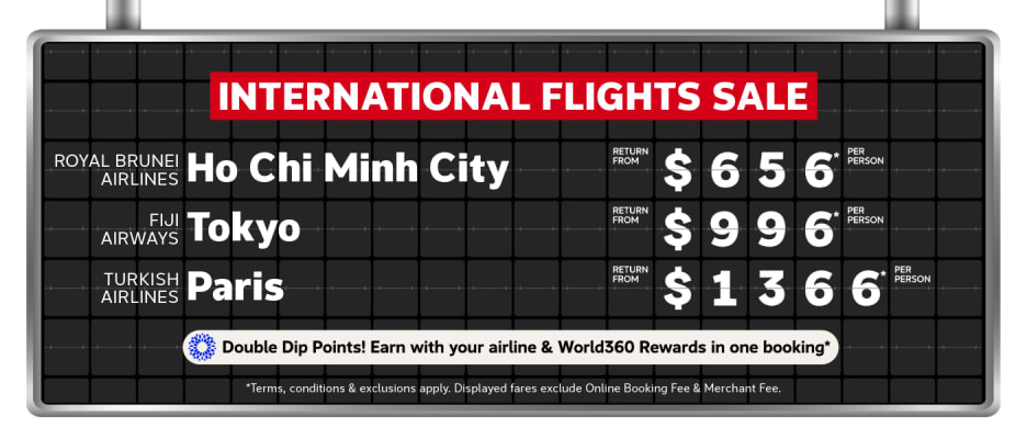 international flight sale fiji airways tokyo $996 per person turkish airlines paris $1366 per person