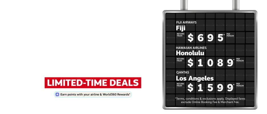 Airport departure board featuring a Flights Sale with return flights to Fiji from $695, return flights to Honolulu from $1,089 and return flights to Los Angeles from $1,349