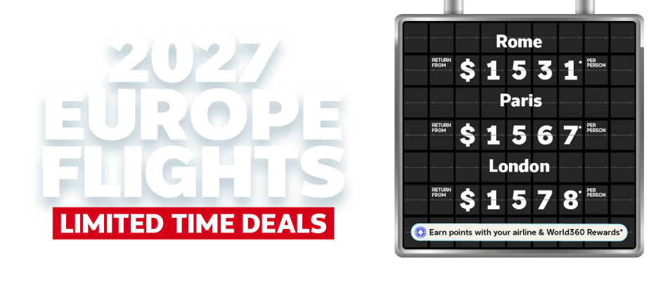 2027 Europe earlybird flight deals with return fares from 1531 per person to Rome 1567 to Paris and 1578 to London