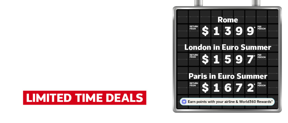 Airport departure board featuring return flights to Rome from $1,399, return flights to London from $1,597 and return flights to Paris from $1,672