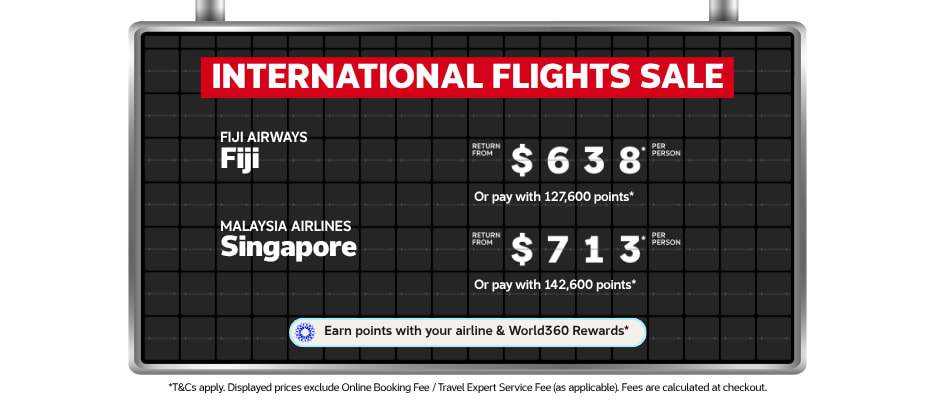 AIrport departure board featuring international flights deals like return flights to Fiji from $638 and return flights to Singapore from $713