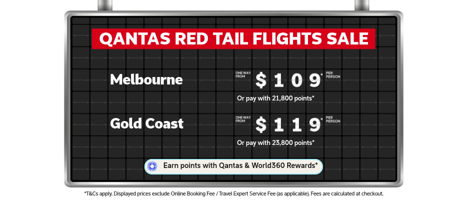 Airport departure board featuring a Qantas red tail flights sale including Melbourne One Way from $109 and Gold Coast one way from $119