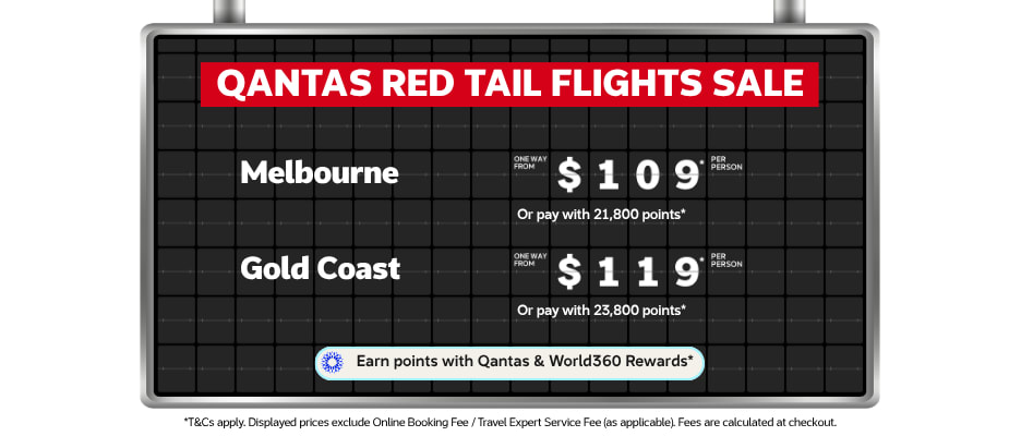 Airport tickerboard featuring a Qantas Red tail flights sale including one way flights to Melbourne from $109 and one way flights to the Gold Coast from $119