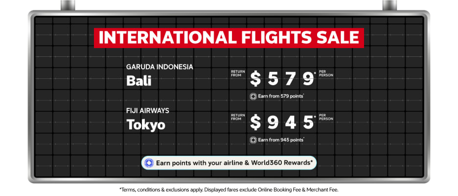 International Flights Sale departure board featuring Garuda Indonesia flights to Bali from $579 and Fiji Airways flights to Tokyo from $945 per person return