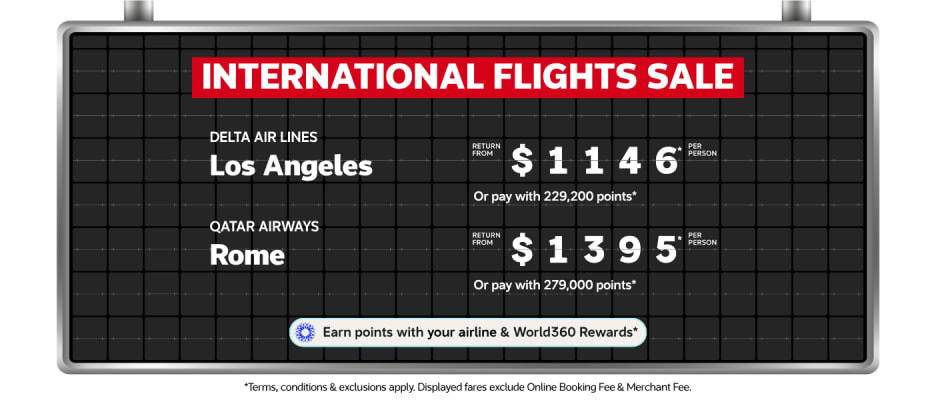 International flights sale to Los Angeles return from $1146 and Rome return from $1395 per person