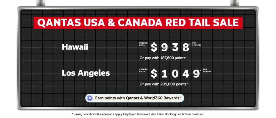 Qantas red tail flights sale to Hawaii return from $938 and Los Angeles return from $1049 per person