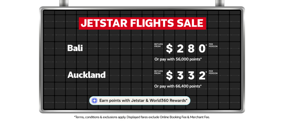 Jetstar flights sale Bali return from $280 and Auckland one way from $332 per person