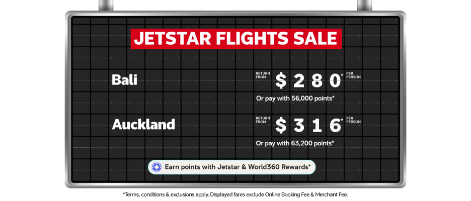 Jetstar flights sale Bali return from $280 and Auckland return from $316 per person